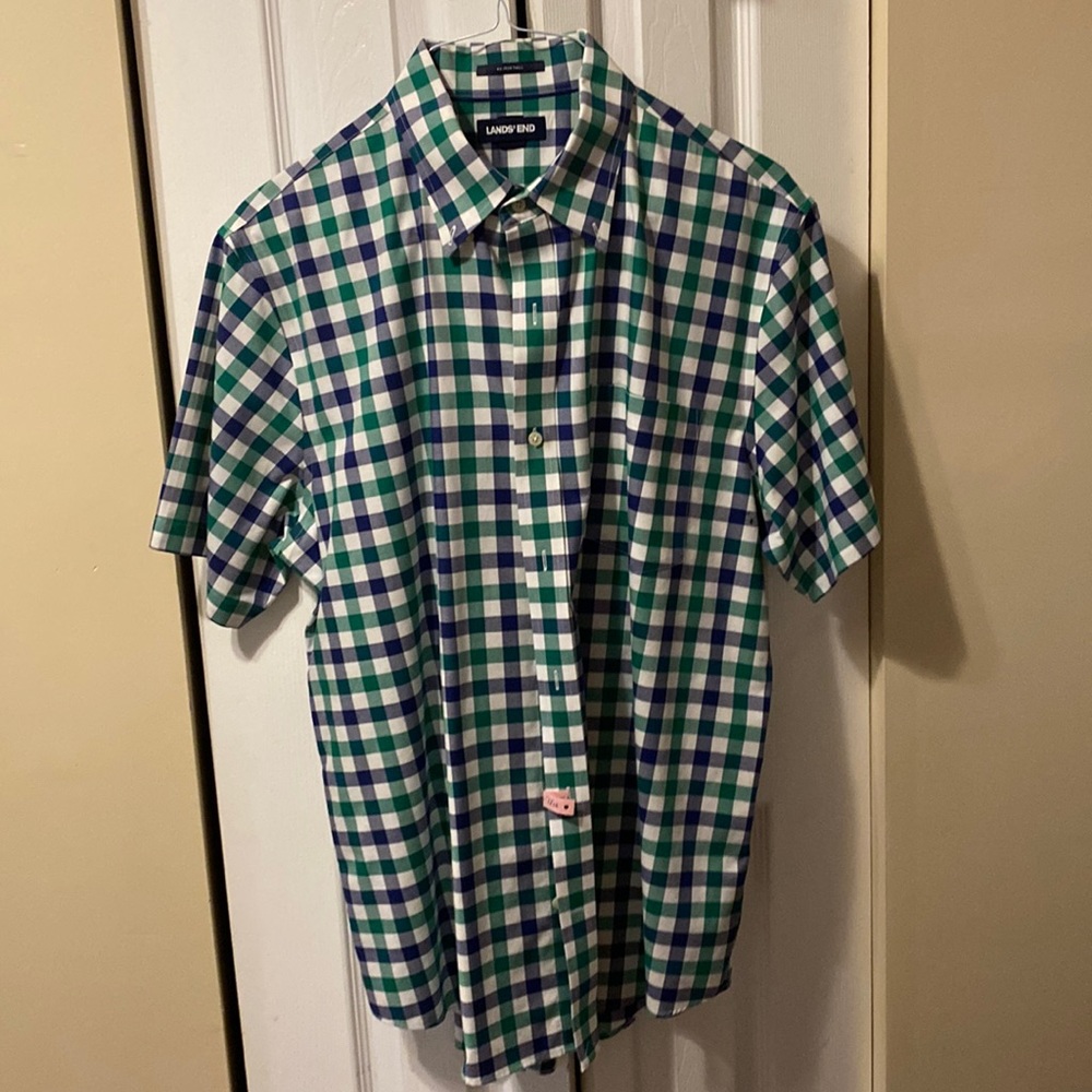 Lands End mens short sleeve button down - size L (16-16.5) no iron twill